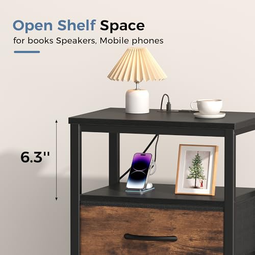 DUMOS Nightstands Set of 2 with Charging Station, Bedside Table with 1 USB-A, 1 USB-C & 2 AC Outlets, Fabric Drawer with Adjustable Open Shelf, Compact End Table for Bedroom, Black & Brown - color: Black and Brown, size: 15.7"Dx11.8"Wx23.4"H(1 Drawer, 2 P