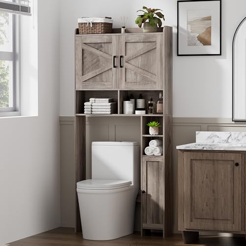 Homhedy Wooden Over The Toilet Storage Cabinet with Barn Door | Freestanding Bathroom Storage, Toilet Paper Holder, Adjustable Shelf,Space-Saving, Farmhouse Style, Greige - color: Greige