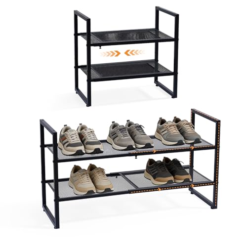 Expandable Shoe Rack, 2 Tier Adjustable Metal Shoe Shelf for Closet, Sturdy Free Standing Shoe Storage for Door Entrance, Bedroom, Small Spaces, Black - size: 2-Tier