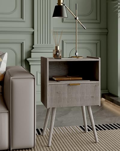 Veegle Nightstand,Modern Bedside Table with Storage Drawer and Open Wood Shelf, Accent Night Stand with Solid Wood Legs for Living Room, Bedroom and Small Spaces,Easy Assembly (Grey Oak) - color: Grey Oak