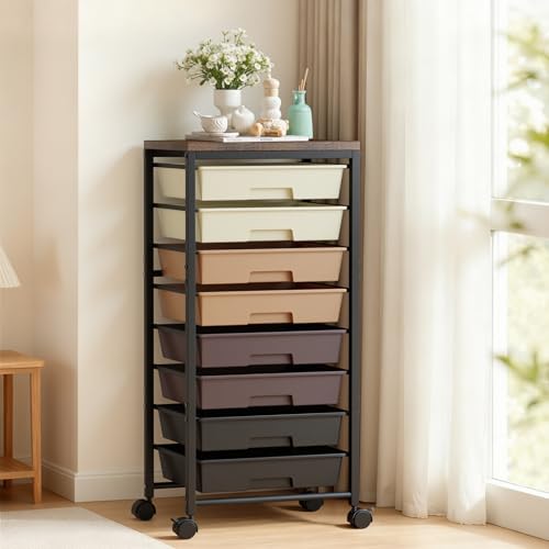 Rolling Cart with 8 Drawers, Plastic Drawer Storage Carts with Wheels & Wooden Tabletop, Metal Utility Cart Organizer for Bedroom Living Room Office Classroom Craft Organization and Storage, Brown - color: Dark Brown