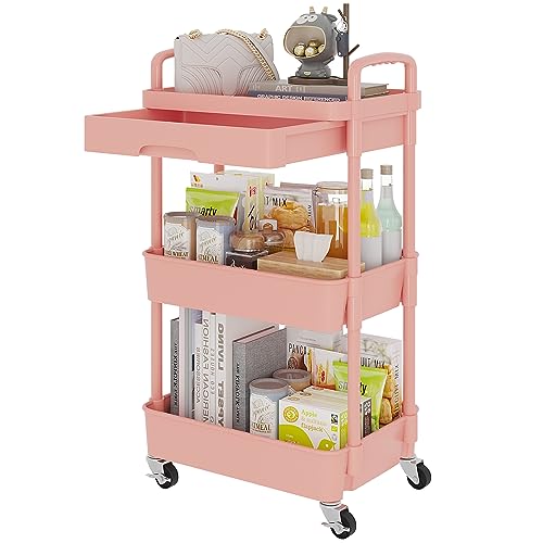 Calmootey 3-Tier Rolling Utility Cart with Drawer,Multifunctional Storage Organizer with Plastic Shelf & Metal Wheel,Storage Cart for Kitchen,Bathroom,Living Room,Office,Pink | Space-Saving Organizer, Sturdy Plastic Shelves, Smooth-Rolling Metal Wheels, B