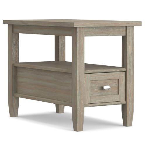 SIMPLIHOME Warm Shaker End Table - 14 inch Wide Solid Wood Narrow Side Table in Distressed Grey, Transitional Accent Table for Living Room or Bedroom with Drawer, Open Shelf and Square Tapered Legs - color: Distressed Grey, size: 14 inch, style: End Table