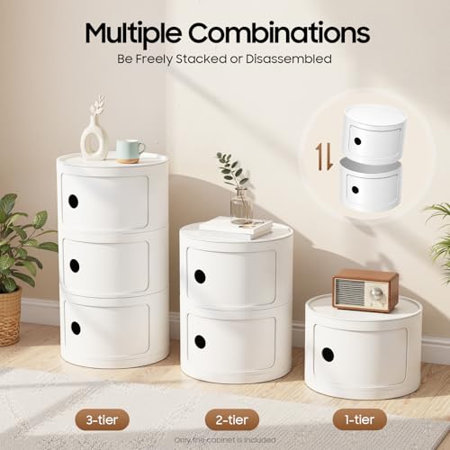 3 Tier Round Bedside Table, Round Storage Cabinet, Narrow Storage Cabinet for Bedroom Living Room Small Spaces (White) - color: White
