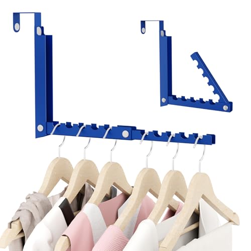 BAKON Over The Door Hangers, Over Door Hooks for Hanging, Small Space Dual Folding Portable Over Door Clothes Hanger for Clothes, Hats, Bags and Towels. (1, Blue) - color: Blue