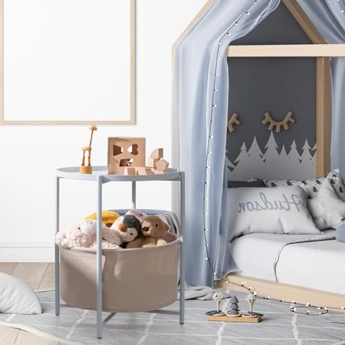 danpinera Small Round Side Table with Storage Basket, Removable Tray Top | Metal End Table for Small Space, Living Room, Bedroom, Nursery, Laundry, Modern Nightstand with Removable Tray, Blue-Gray - color: Blue Gray