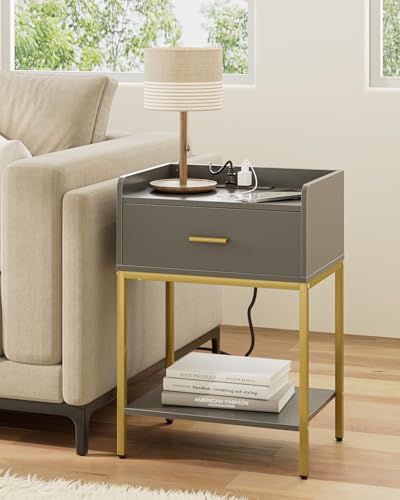 Nightstand with Charging Station,3-Tier Bedside Table for Small Space,Modern Night Stand with Storage Drawer and Shelf,Small Side Table for Bedroom,Living Room,Gray - color: Gray With Charging Station