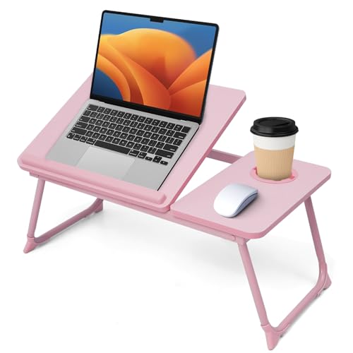 Lap Desk for Couch/Sofa/Floor, 5-Angle Adjustable Bed Desk with Foldable Legs &Cup Holder, Light Weight Bed Tray Table for Writing/Eating/Reading, Portable Laptop Stand for Adults, Kids - color: Pink
