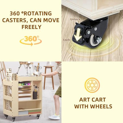 lukar Wooden Art Cart Organizer with Wheels, 3-Tier Rolling Art Activity Cart for Kids, Kids Art and Craft Storage Cabinet, Multi-Functional DIY Utility Carts for Classroom, Nursery, Bedroom