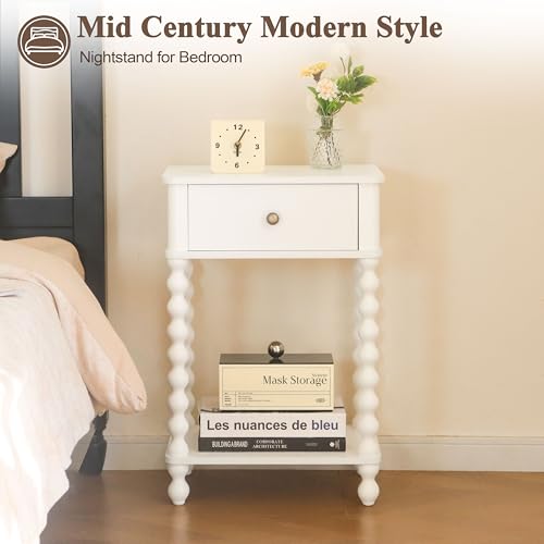 AWASEN White Nightstand, Small Side Table with Drawer for Living Room, Farmhouse End Bedside Table with Spindle Wood Legs for Bedroom, Office, White - color: White