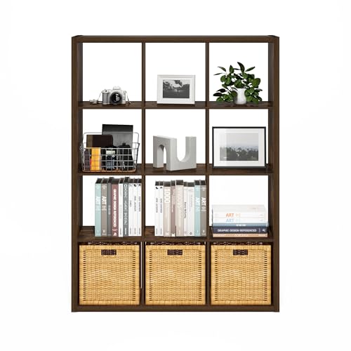 Furinno Cubicle Book Shelf, 12-Cube Bookshelf, Extra Thick Frame Reversible Bookcase with Open Back, 14.6" x 44" x 58", for Living Room, Bedroom, Home Office, Amber Pine - color: Amber Pine, size: 12-Cube,1.2In