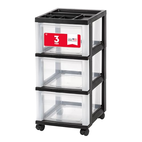 IRIS USA 3-Drawer Rolling Storage Cart, Black/Clear | Keep craft supplies, office essentials, classroom items, and accessories organized with easy-access drawers for daily use - color: Black, size: 3 Drawer