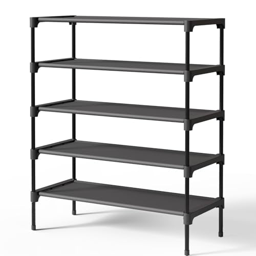 Kitsure Shoe Rack - Non-Woven Shoe Rack Shelf, Shoe Organizer for Closet, Entryway, Garage & Corridor, Stackable Shoe Shelves, 27.5" Wide - 5 Tier, Black | Shoe Organizer for Closet, Entryway, Garage, Stackable Shoe Shelves, college dorm&apartment essenti