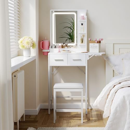 Small Vanity Desk for Compact Space: Mini Makeup Table Set for Bedroom - Tiny White Vanity with Mirror for Girls - color: White