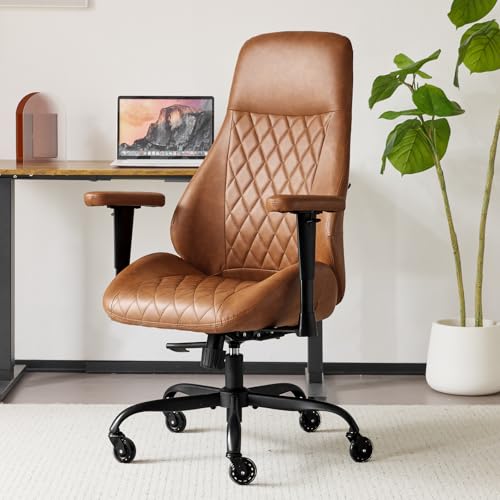 YFO Home Office Desk Chair High Back Office Rubber Casters Ergonomic Computer Chair with Lumbar Support Adjustable Height Rolling Swivel Chair Executive Task Armrests， Brown Leather - color: Brown, size: High Back