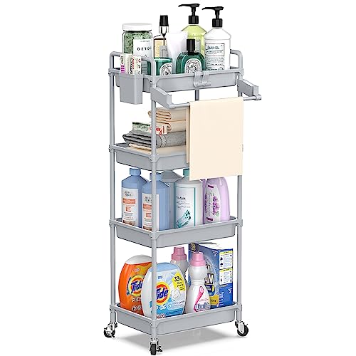 SPACEKEEPER Rolling Storage Cart, 4-Tier Bathroom Organizer Utility Cart Laundry Room Organization Mobile Shelving Unit with Towel Rack, Lockable Wheel, Hooks & Cup for Kitchen Bedroom Office, Grey - color: Grey, size: 4-Tier