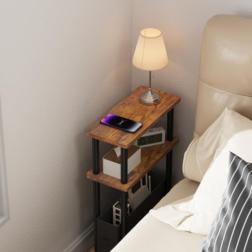 Apicizon Small Narrow Side Table, 3-Tier Skinny End Table for Small Spaces, Slim Nightstand with Fabric Basket, Bedside Table for Living Room, Bedroom, Rustic Brown and Black - color: Rustic Brown and Black, style: Narrow Side Table with Basket