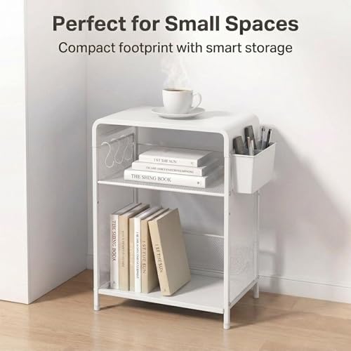 ECOLOVI 3 Tier Printer Stand for Under Desk, Height Adjustable Shelf Small Printer Table with 3 S-Hooks & Basket, Heavy Duty Industrial Storage Shelf for Home Office (White Metal) - color: White