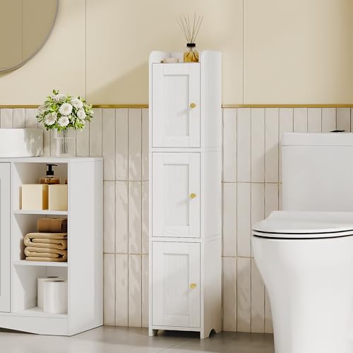 HEXCELEN Slim Bathroom Storage Cabinet, Narrow Cabinet with 3 Doors，Small Bathroom Organizers and Storage, Laundry Room Organization for Small Space, Kitchen, Living Room, White
