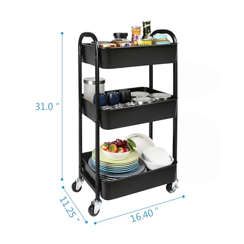 3-Tier Rolling Utility Cart with Caster Wheels,Easy Assembly, for Kitchen, Bathroom (Black) - color: Black, size: 3-Tier Standard Cart