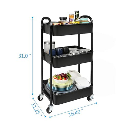3-Tier Rolling Utility Cart with Caster Wheels,Easy Assembly, for Kitchen, Bathroom (Black) - color: Black, size: 3-Tier Standard Cart