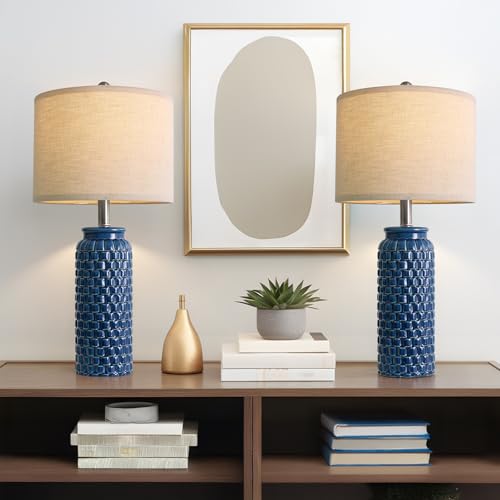 USumkky 24 inches Modern Ceramic Dark Blue Bedside Lamp Set of 2 for Bedroom Decor Farmhouse Table Lamp for Living Room Office Dorm - color: 24" Blue-2 Pack