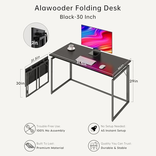 31.5" Folding Desk: No Assembly, Wood Top for Small Spaces | Home office desk, holds 150 lbs, folds flat to 2.3 in, splash-proof wood top, sturdy metal frame - color: Black, size: 31.5"W x 15.7"D