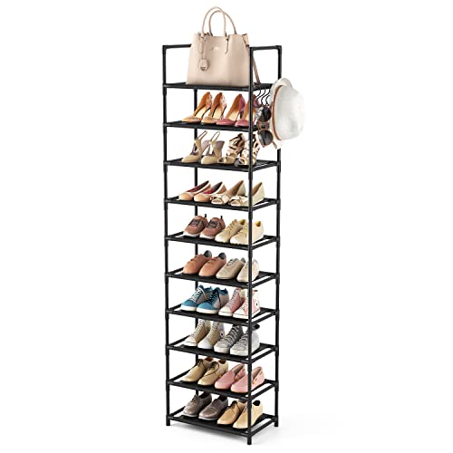 LANTEFUL 10 Tiers Tall Shoe Rack 20-25 Pairs Boots Organizer Storage Sturdy Narrow Shoe Shelf for Entryway, Closets with Hooks, Black - color: Black, size: 10 Tier-68" High-17" Wide