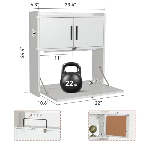ARTETHYS Wall Mounted Desk Folding with Light Drop Down Hanging Desk | Multifunctional Fold Down Laptop Computer Table, Writing Workstation with Storage Compartments, Space Saving for Home Office - color: White With Light