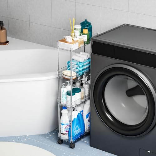 Clear 4 Tier Slim Rolling Storage Cart with Wheels,6.3″W Thin Shelf,Bathroom Storage Cabinet,Skinny Laundry Cart,Narrow Laundry Room Cart Between Washer and Dryer,Skinny Shelves for Small Space - style: 4 Tier