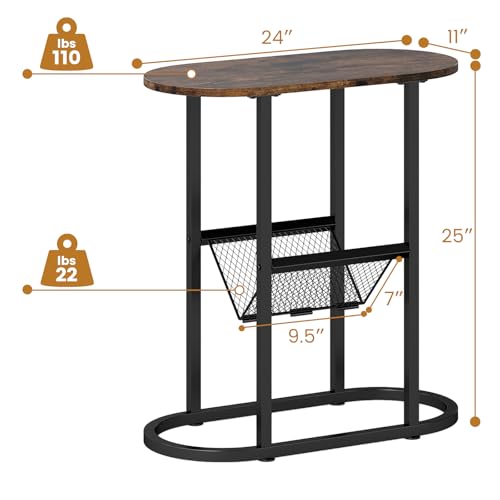 Tangkula Oval Narrow Side Table, 2-Tier End Table w/Mesh Magazine Rack, Steel Frame, Industrial Nightstand, Compact Sofa Bedside Table for Living Room Bedroom, Rustic Brown & Black - color: Rustic Brown & Black