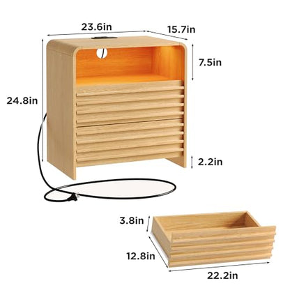 Fameill Fluted Nightstands,Nightstand with Charging Station,LED Night Stand with Two Drawers,Bedside Table with USB Ports and Outlets,Modern End Table for Bedroom (Burly Wood) - color: Burly Wood