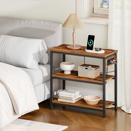 HOOBRO End Table with Charging Station, Side Table with 3 Tier Storage Shelf, Narrow Nightstand for Small Spaces, for Living Room, Bedroom, Easy Assembly, Rustic Brown and Black BF149UBZ01 - color: Rustic Brown + Black