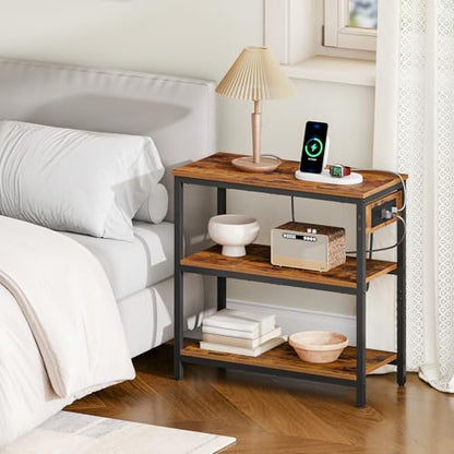 HOOBRO End Table with Charging Station, Side Table with 3 Tier Storage Shelf, Narrow Nightstand for Small Spaces, for Living Room, Bedroom, Easy Assembly, Rustic Brown and Black BF149UBZ01 - color: Rustic Brown + Black