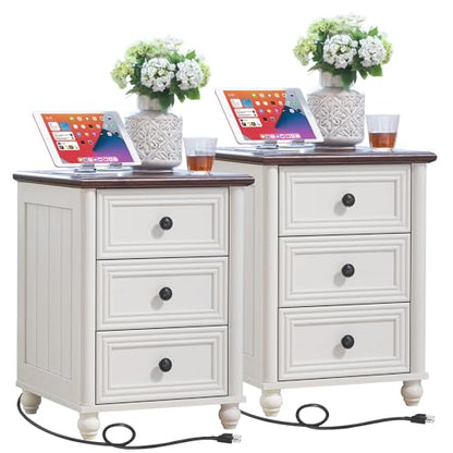 RWYHG 18" Nightstands Set of 2 with Charging Station & 3 Drawers | Farmhouse Modern Night Stand, Bedside Table with Metal Handle, White Bed Side End Tables for Bedroom Living Room - color: Elegant White, size: 18"D x 18"W x 24"H (3 Drawers)