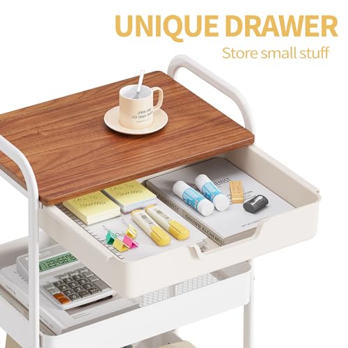 TOOLF 3 Tier Metal Utility Rolling Cart - White Storage Cart with Drawer and Wooden Table Top, Trolley Kitchen Organizer Rolling Desk with Locking Wheels for Office, Classroom, Home, Bedroom - color: White