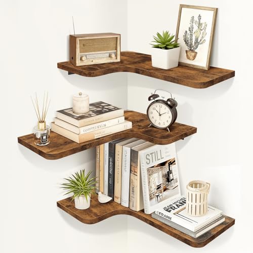 Homode Corner Floating Shelves, Corner Shelves Wall Mounted with Cord Hole, Set of 3 L Shape Wood Wall Storage Shelves for Living Room Bedroom Bathroom Kitchen, Rustic Brown - color: Rustic Brown