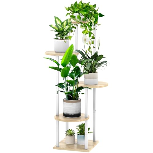 5 Tier Wood Tall Plant Stand Metal Rack Indoor, Multiple Flower Pot Holder Shelves Corner Rack, Round Planter Shelf Display Rack Storage Organizer for Patio Living Room Balcony(White+Oak) - color: White+Oak, size: 5 Tier