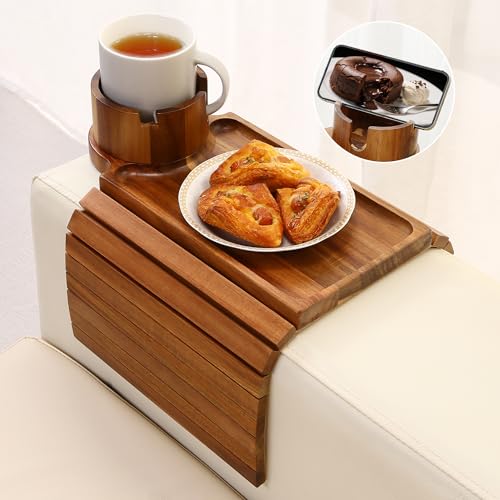 Couch Cup Holder Tray,Acacia Wood Couch Arm Table with Phone Holder, Large Foldable Sofa Arm Tray for Drink Snacks Table - color: Acacia Wood