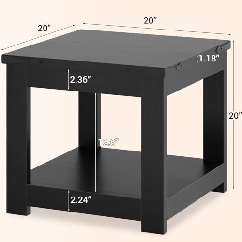Homieasy Black End Table, 20x20 Inch Square Side Table for Living Room, Large Wood Accent Table with Storage Shelf, Modern Farmhouse Nightstand Bedside Table, Black - color: Black