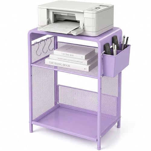 ECOLOVI 3 Tier Printer Stand for Under Desk, Height Adjustable Shelf Small Printer Table with 3 S-Hooks & Basket, Heavy Duty Industrial Storage Shelf for Home Office (Purple Metal) - color: Purple