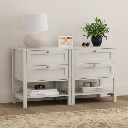 Farmhouse Nightstand Set of 2, Wooden Farmhouse Floor Night Stand with Storage Drawers and Open Shelf, Bedside Table for Sofa, Bedroom, Antique White - color: Antique White, size: 2 PCS (2 Drawers)