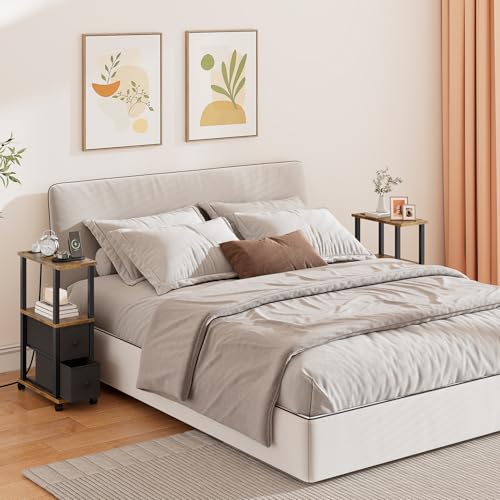 TUTOTAK Small Narrow End Tables, Side Tables with 2 Fabric Drawers, Set of 2, Bedside Tables with Charging Station for Small Spaces, Slim Nightstands with USB Ports and Wheels, TB01BB053 - color: Brown, style: with Outlets