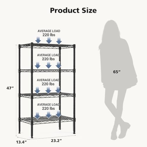 DUMOS 4-Tier Metal Wire Storage Shelves, Adjustable Standing Storage Rack Shelf, Heavy Duty Steel Shelving Unit Organizers for Kitchen Bathroom Pantry Garage, 23.3" Wx13.4 Dx47 H, Black - size: 4 Tier-47"H without wheels