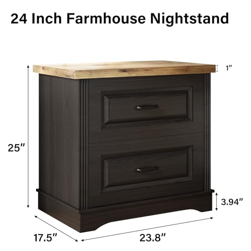 Catrimown 24" Wide Farmhouse Nightstand, Large End Table with 2 Drawers, Side Table Chest of Drawers Cabinet, Night Stand for Bedroom, Living Room, Black - color: Black