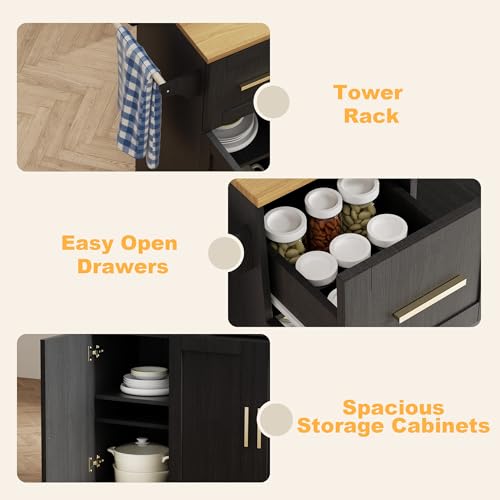 59" Rolling Kitchen Island Cart with Storage, Drop Leaf, Black | Mobile Prep Table with 2 Cabinets, Drawer & Trash Bin, All-in-one Counter Space Saver for Small Kitchens
