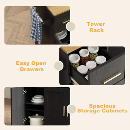 59" Rolling Kitchen Island Cart with Storage, Drop Leaf, Black | Mobile Prep Table with 2 Cabinets, Drawer & Trash Bin, All-in-one Counter Space Saver for Small Kitchens