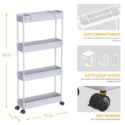 SPACELEAD Slim Storage Cart 4 Tier,Bathroom Organizer Rolling Utility,Mobile Shelving Unit Slide Out for Office, Kitchen, Laundry Room & Narrow Places,Gray - color: Gray