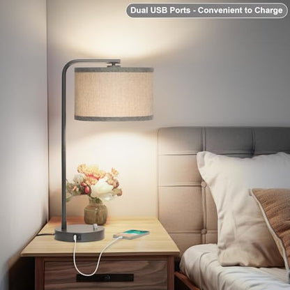Gray Bedside Lamp with USB C+A Charging Ports, Fully Dimmable Modern Nightstand Lamp with Grey Fabric Shade, Tall Reading Lamp Desk Lamp for Bedroom Living Room Office with 3000K LED Bulb - color: Metal Gray Base with Gray Shade