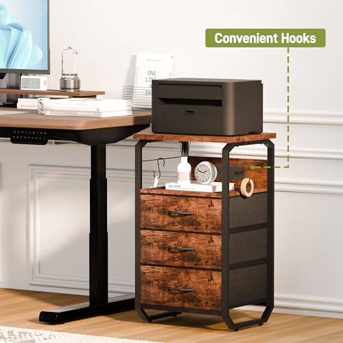 runjuly Night Stand with Charging Station, LED Nightstand with 3 Fabric Drawers and Hooks, Small End Table with Light and USB C Port, Storage Side Table for Bedroom, Rustic Brown - color: Rustic Brown, style: 3 Drawers